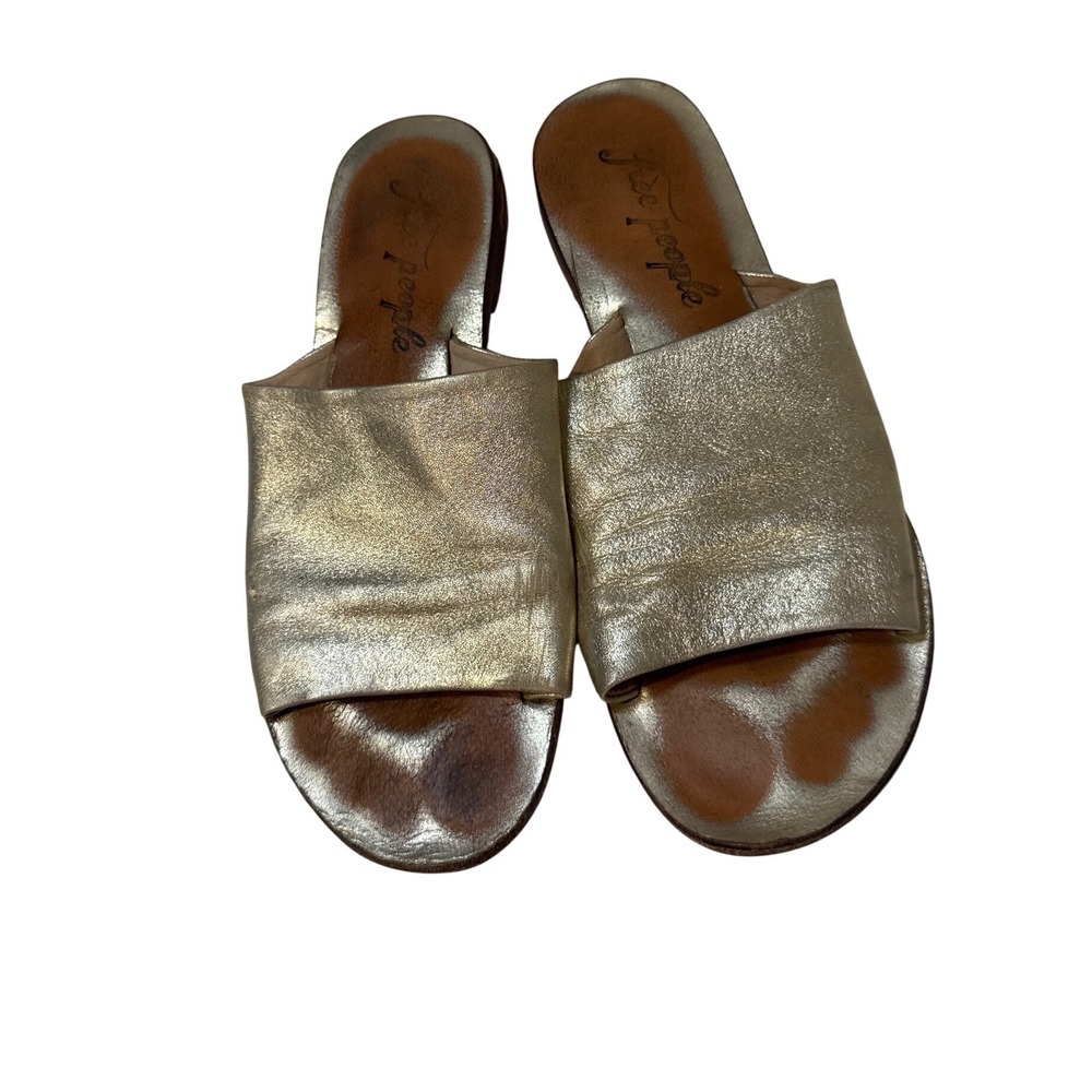 Free People Womens Metallic Gold Leather Flat Slide Sandals Size 38.5 India
